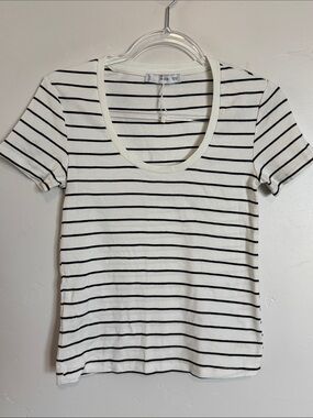 Mango Cotton Stretch Tee Black and White Striped Top NWOT